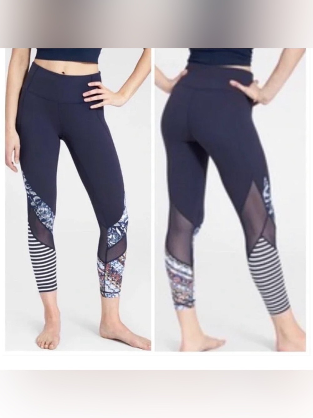 Athleta Salutation Mixed Print 7/8 Leggings Navy Stripes & Floral XS